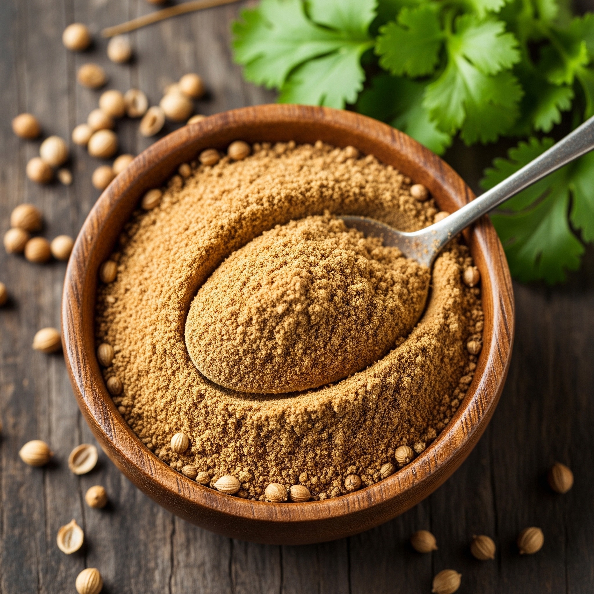 Ground coriander powder in a ceramic bowl