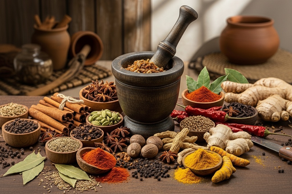 A collection of colorful spices in bowls