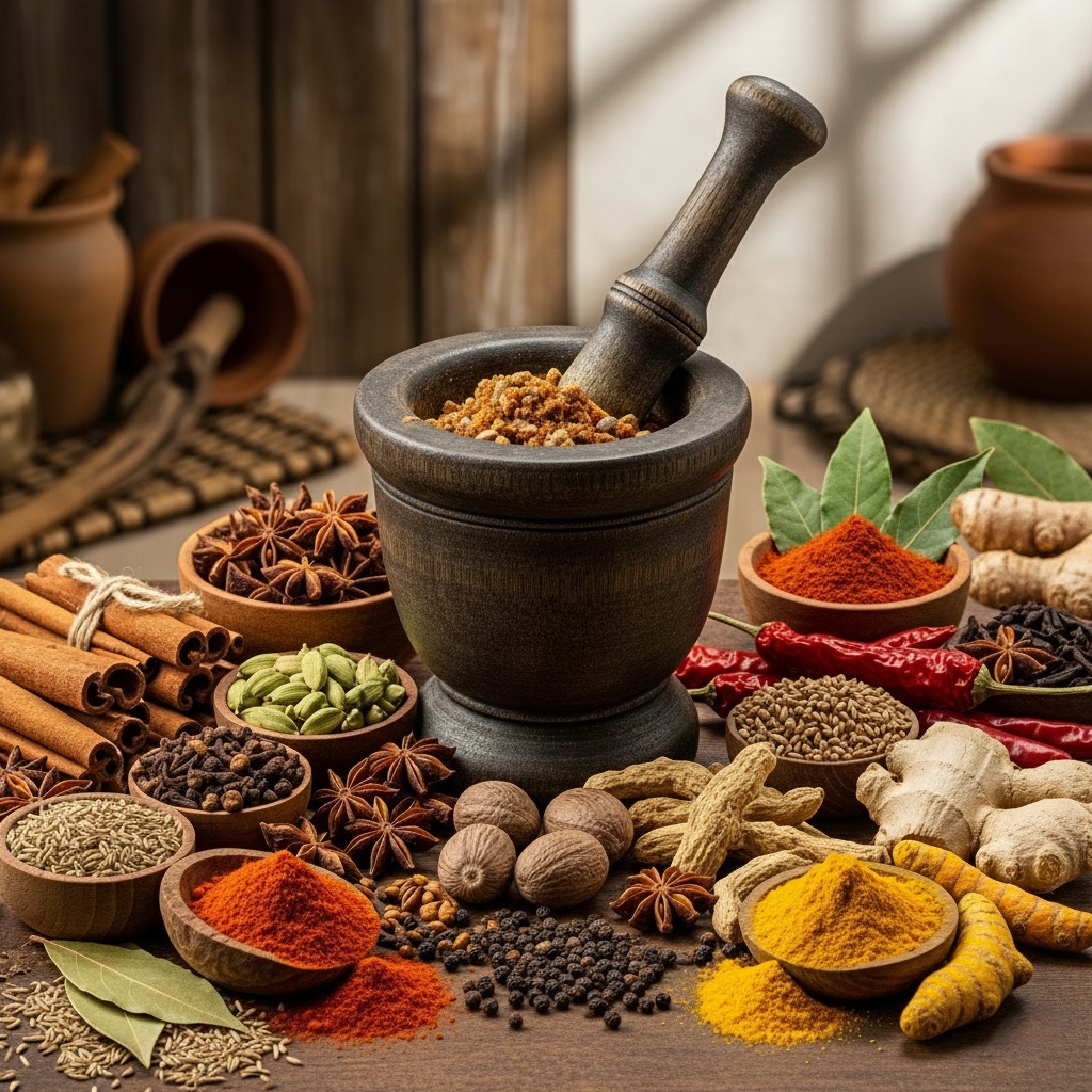 Hands holding a variety of authentic Indian spices